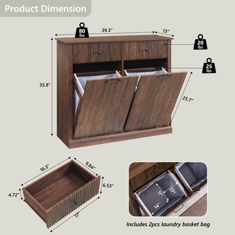 Modern Tilt-out Laundry Hamper Cabinet with Drawers, Fluted Laundry Storage Basket for Bathroom, Brown, Double Door