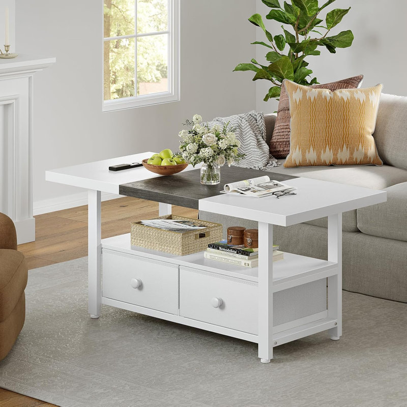 2-Tier Coffee Table With Storage Shelf And 2 Drawers, 46'' Rectangular Centre Table Wood Top For Living Room Reception Room, Metal Frame, Easy Assembly, Oak