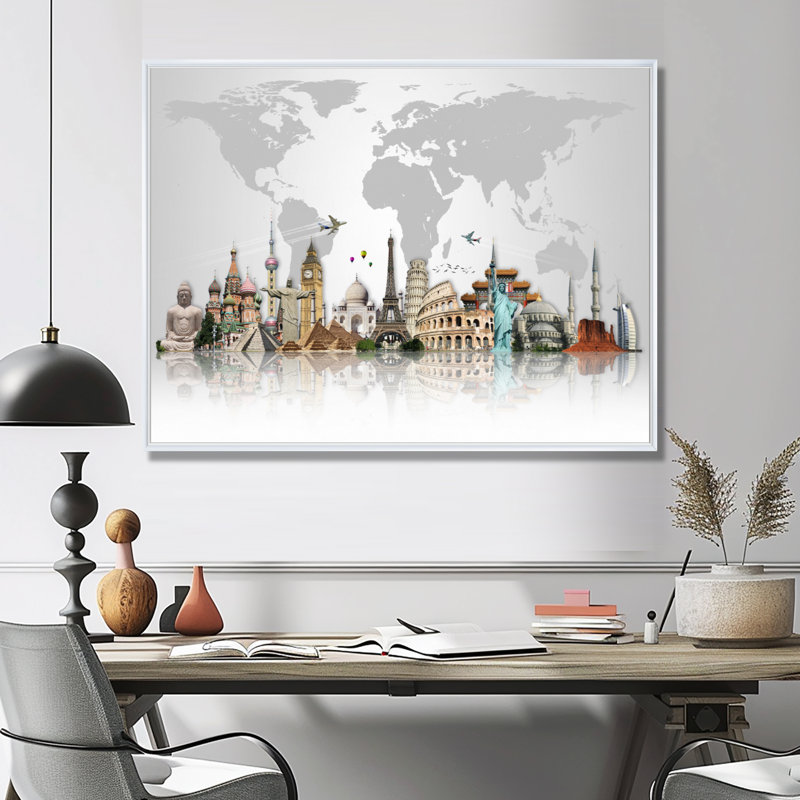 « Famous Monuments Across World », reproduction d'art graphique, Reproduction avec cadre flottant, H 34 po x l 44 po, Blanc