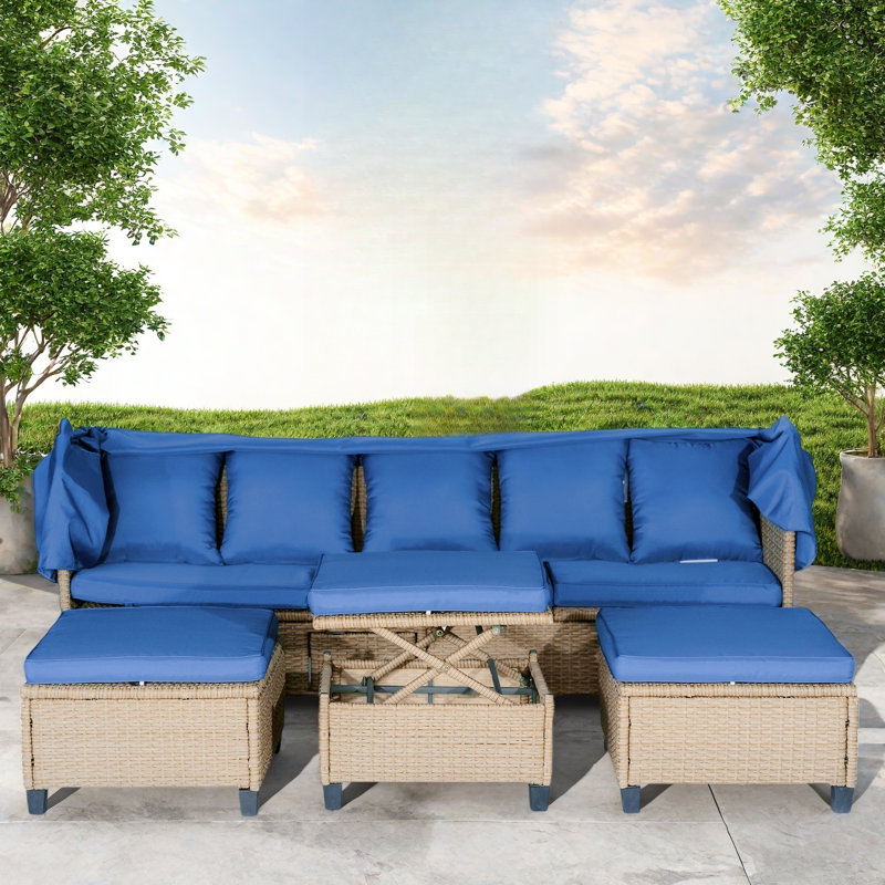 4 Pieces Uv-proof Resin Wicker Patio Sofa Set Included A 4-seat Sofa, 2 Ottomans, A Lifting Table, Retractable Canopy, Cushions And Adjustable Backrest