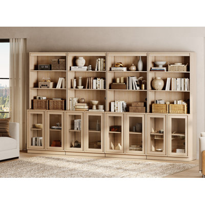 Modern 72" Tall Bookshelf with Glass Doors and Adjustable Shelves, Library Bookcase with Storage Cabinet and Open Book Shelfs, Wood Book shelf for Home Office, Living room