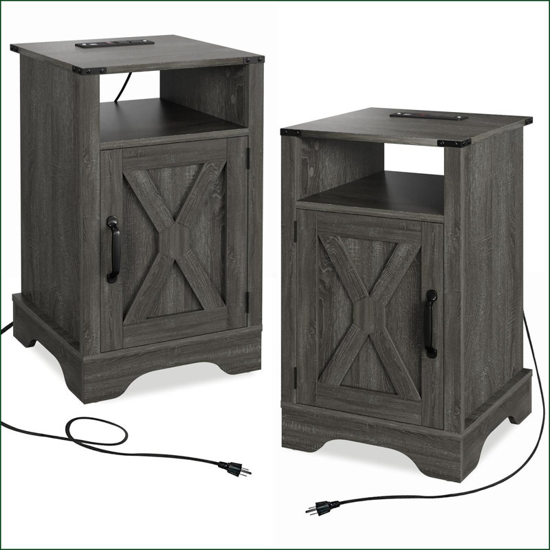 Table de chevet rustique avec station de charge - gris foncé (2 ensembles)