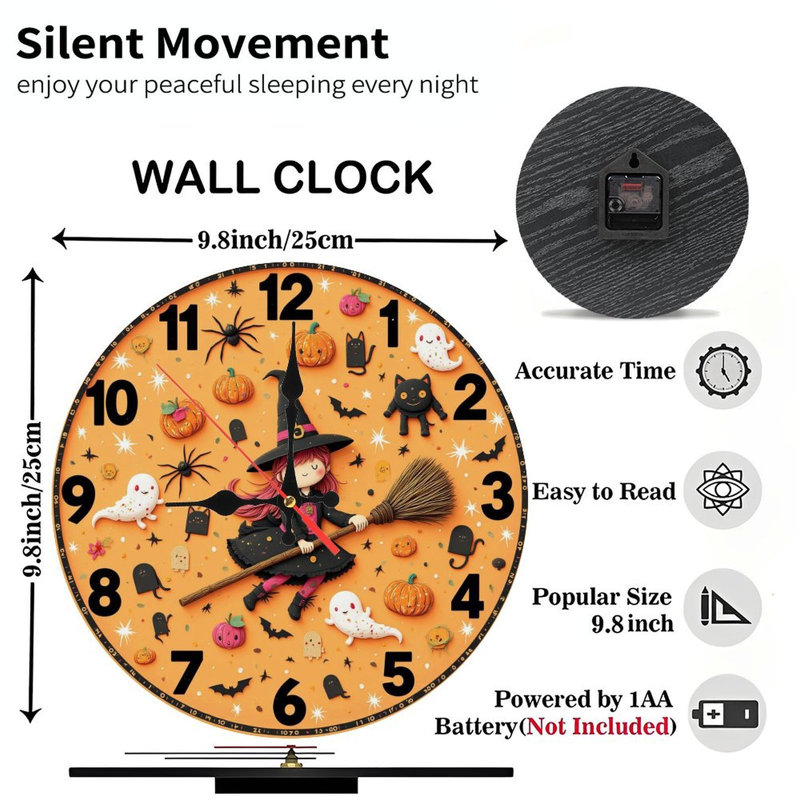 Witch Flying On Broomstick Halloween Clock