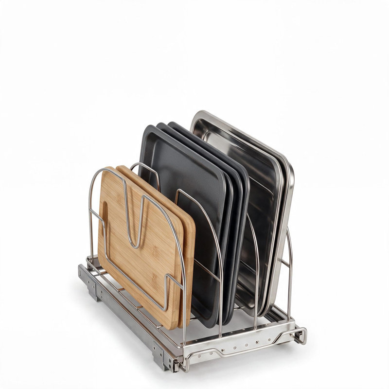 Organisateur coulissant pour casseroles et poêles, étagère coulissante pour ustensiles de cuisine, organisateur de plaques à pâtisserie avec séparateurs réglables, rangement de cuisine en acier inoxydable, 42,4 cm (P) x 24,1 cm (L)