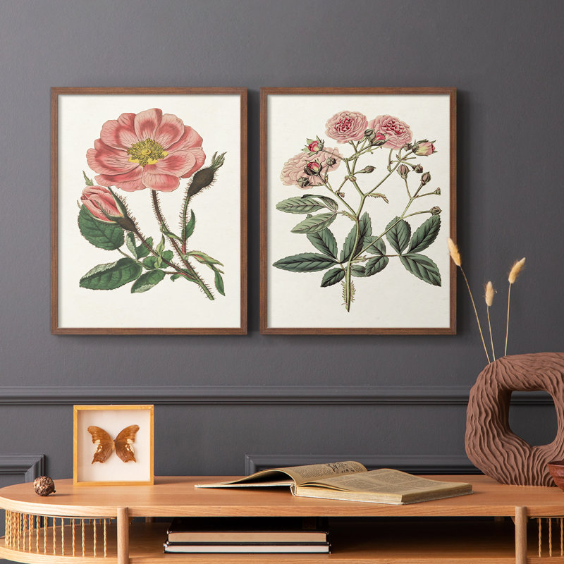Impression florale rose de qualité supérieure - prête à accrocher - aucun clou requis - aucun clou requis, Noyer
