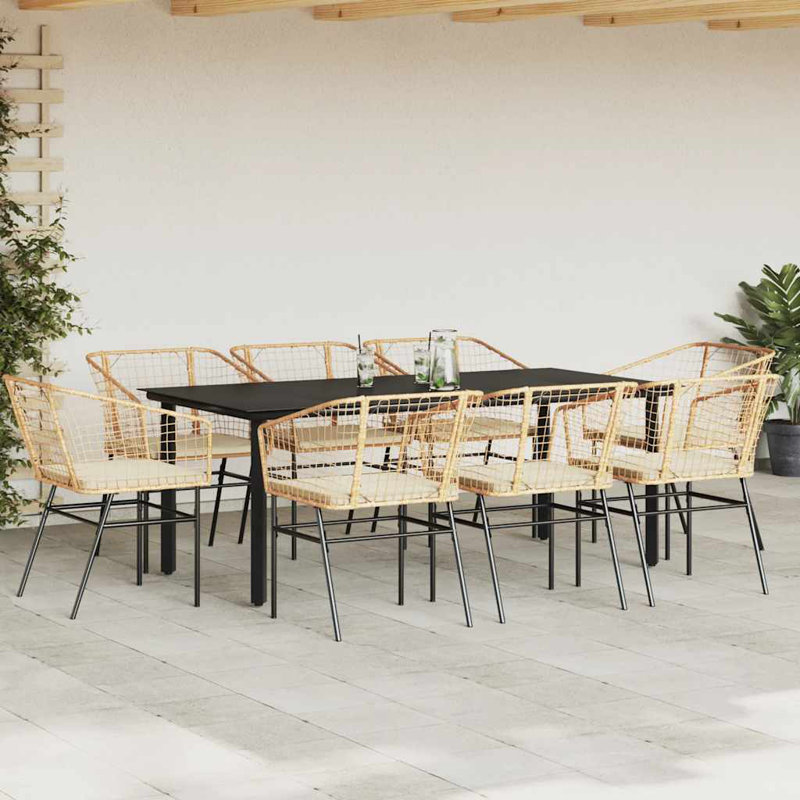 Ensemble repas de patio avec coussins en verre et poly rotin, H 29,1 po x l 31,5 po x L 31,5 po, Blanc / Brun, 2