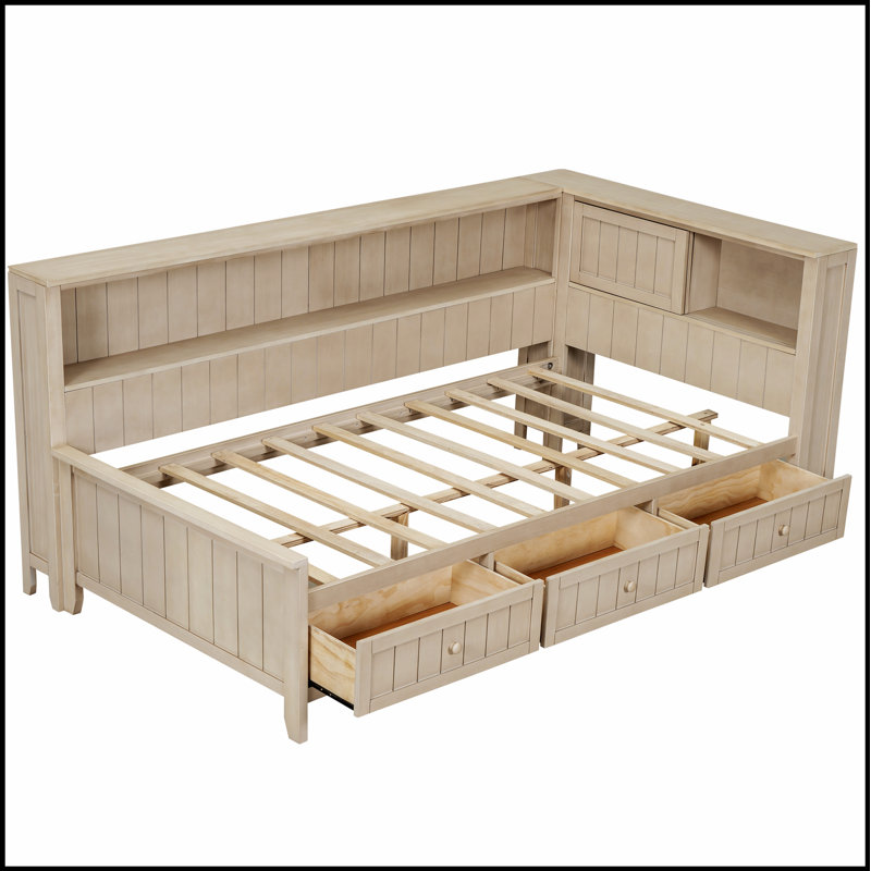 Lit de jour en bois avec tablettes de rangement et 3 tiroirs, alliant confort et rangement pratique pour les maisons modernes