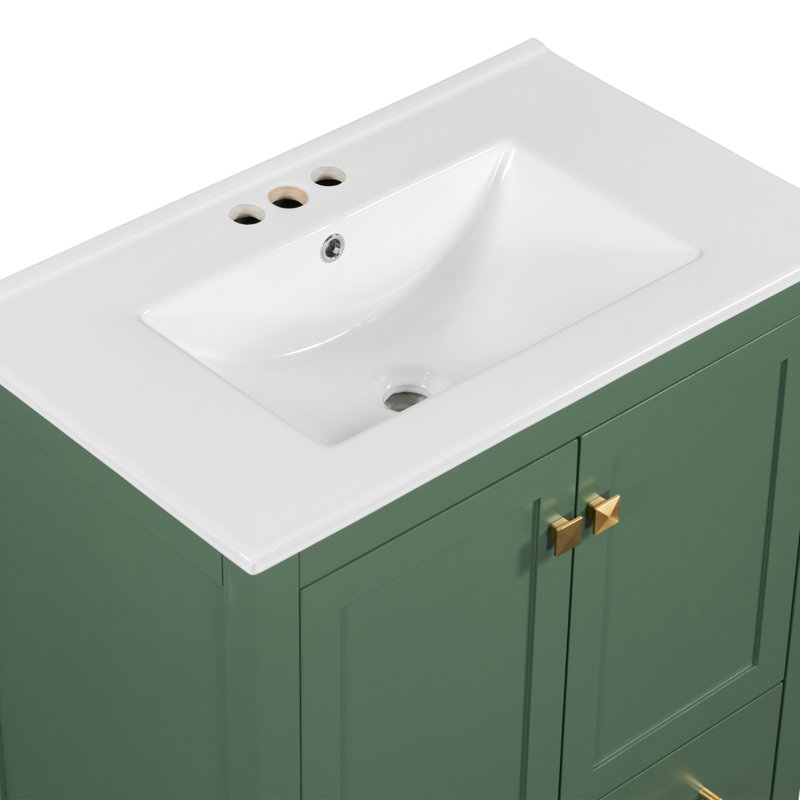 Meuble-lavabo vert 30 po avec lavabo simple, lavabo sous le comptoir, armoire de rangement pour la salle de bain avec 2 portes et un tiroir, fermeture en douceur, rangement multifonctionnel, structure en bois massif