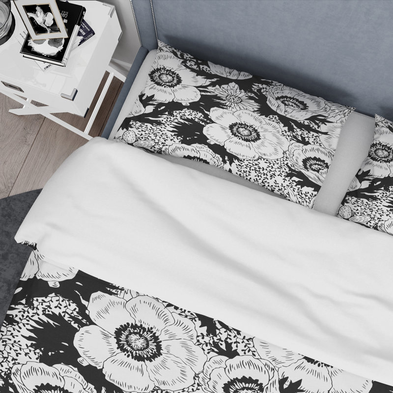 Ensemble de housse de couette à fleurs en monochrome rétro mid-century, Housse de couette très grand + 2 taies décoratives