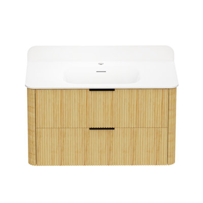 36 Inch Golden Oak Wood Bathroom Vanity with Fluted Design and Integrated Sink