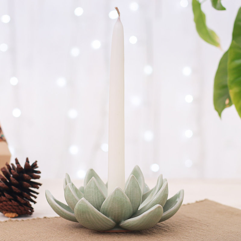Handmade Lotus Splendor Celadon Ceramic Candle Holder, Green