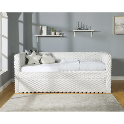 Lit de jour moderne 1pc, revêtement en tissu texturé, lit gigogne escamotable, finition blanche pour lit de jour de style salon avec bois, tissu, zone de couleur