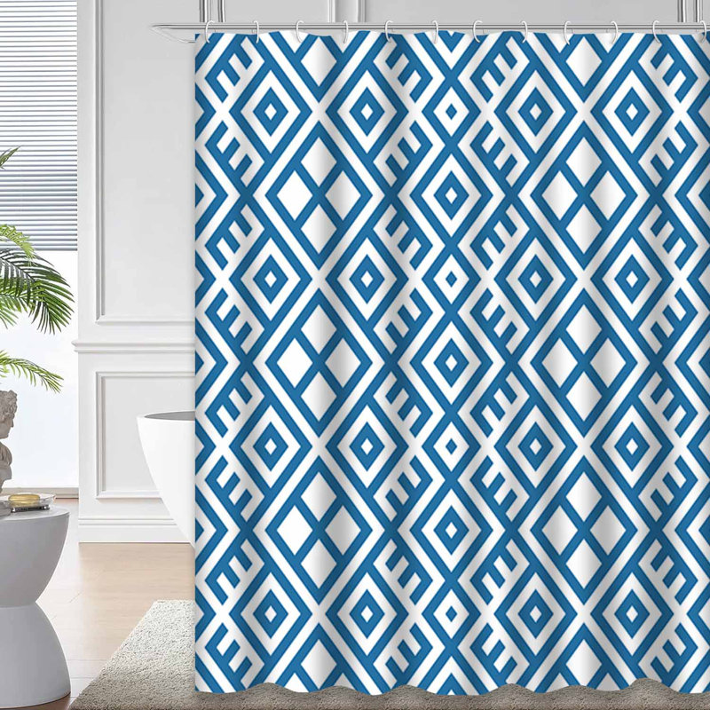 Rideau de douche géométrique à motif de couleurs bleues et blanc avec 12 crochets, L 72 po x l 78 po