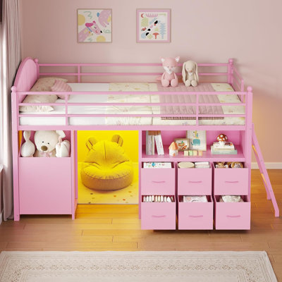 Kids Twin Low Loft Bed for Girls, Pink, with 6 Drawers & Toy Chest, Upholstered Headboard, RGB LED Lights, Safety Guardrail & Ladder