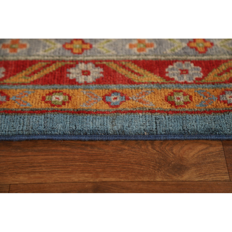 Tapis bleu / gris / brun en laine noué à la main de conception unique 9 pi 11 po x 13 pi 11 po New Age