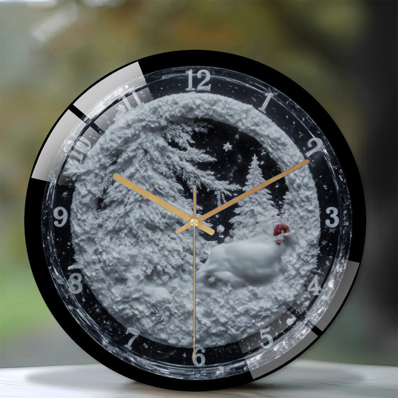 Horloge-hiver-scène-père-chapeau-lapin - horloge murale moderne en verre 12 po