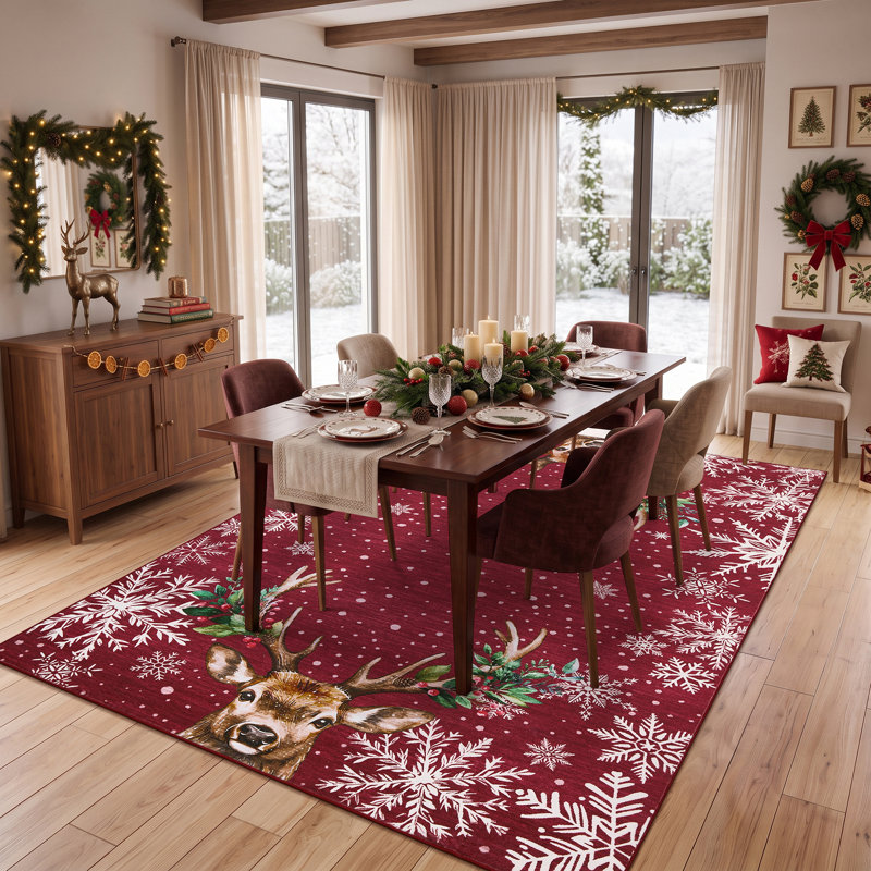 Tapis de Noël à motifs de rennes et de flocons de neige, antidérapant, antitache, lavable à la machine, pliable, idéal pour la décoration intérieure des fêtes de fin d'année.
