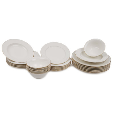 Elegant 24-Piece Dinner Set, White & Gold, 6 Service Plates (8.7 x 8.7 x 0.8 in), 6 Dinner Plates (7.9 x 7.9 x 1.6 in), 6 Bowls (5.5 x 5.5 x 2.0 in), 6 Dessert Plates (7.1 x 7.1 x 0.8 in) | 100% Porcelain, Exquisite Design, Perfect for Entertaining