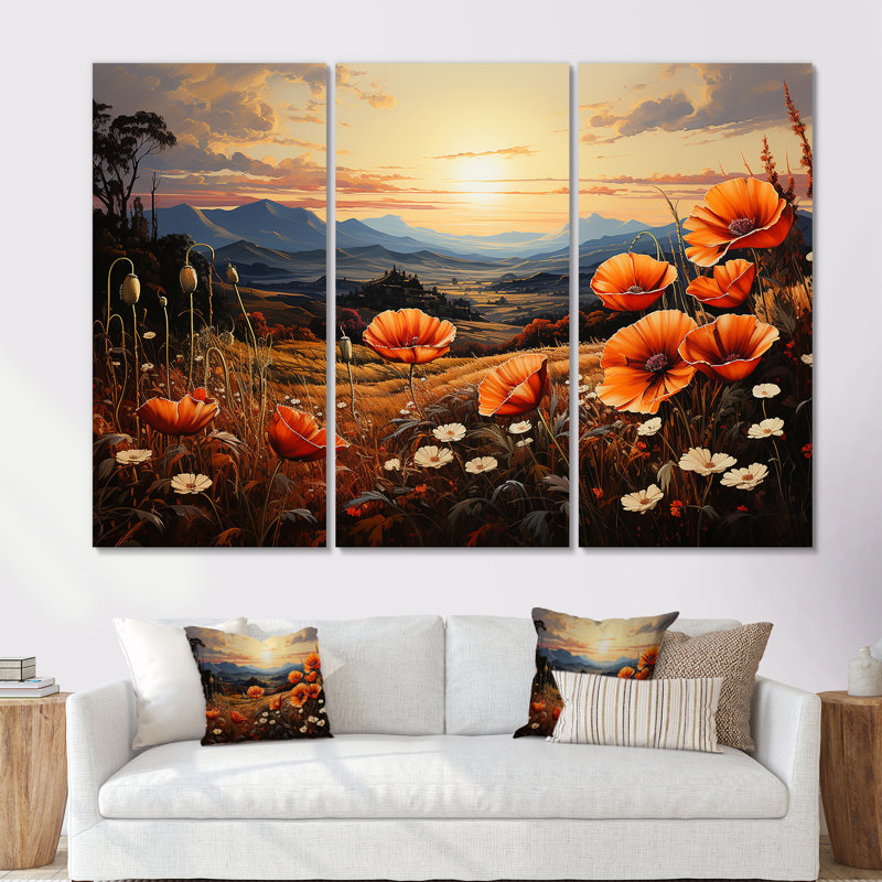 Orange Crimson Floweret Garden Serenade - ensemble d'art mural sur toile fleur, Toile tendue, H 28 po x l 36 po x P 1 po