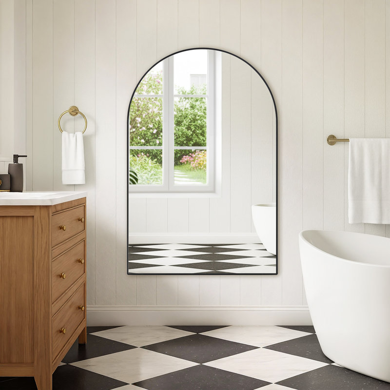 Black Metal Framed Arched Wall Mirror Bathroom/Vanity Mirror, 55" H x 36" W