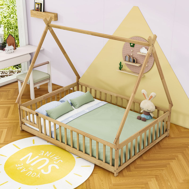 Full Wood Bed With Guardrails, Natural