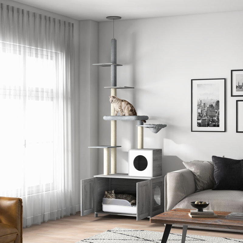 Enceinte de litière pour chat - gris. Robuste avec, lit, poteaux à griffer et plates-formes pour l'intérieur de l'union des arbres gris. Polyvalent et amusant