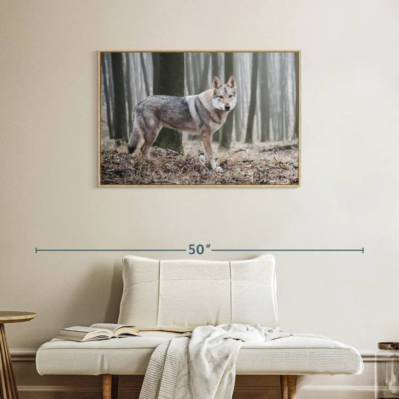 Loup d'hiver brumeux, Cadre flottant en bois naturel, 37 po x 25 po