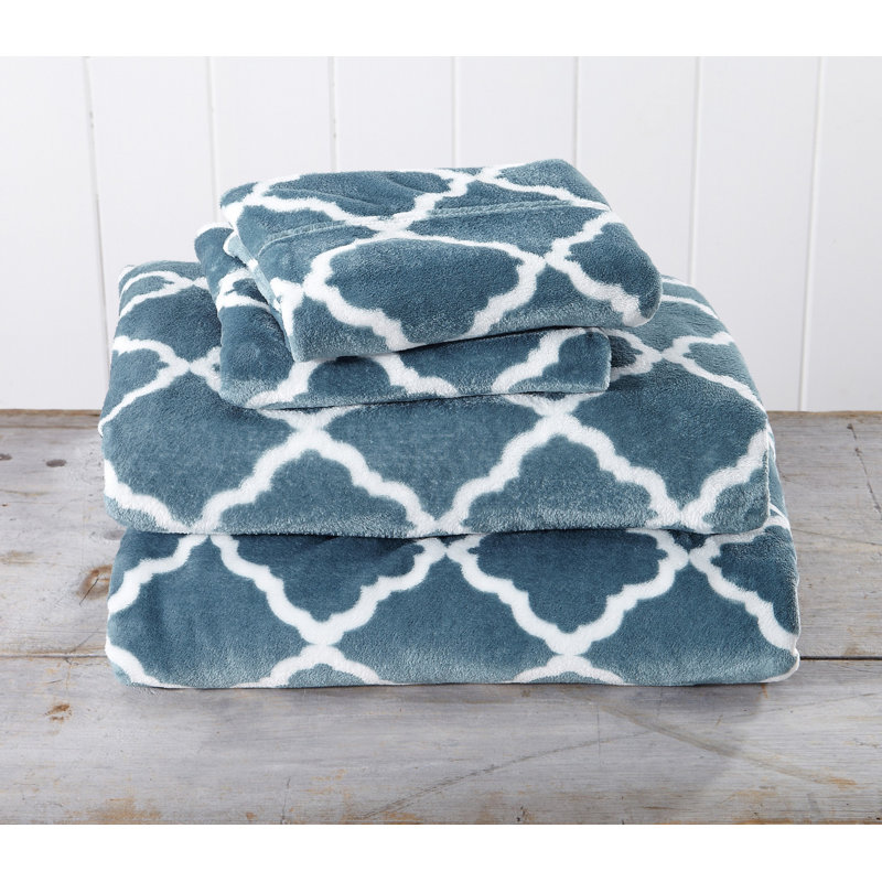 Queen Smoke Blue and White Velvet Plush Sheet Set