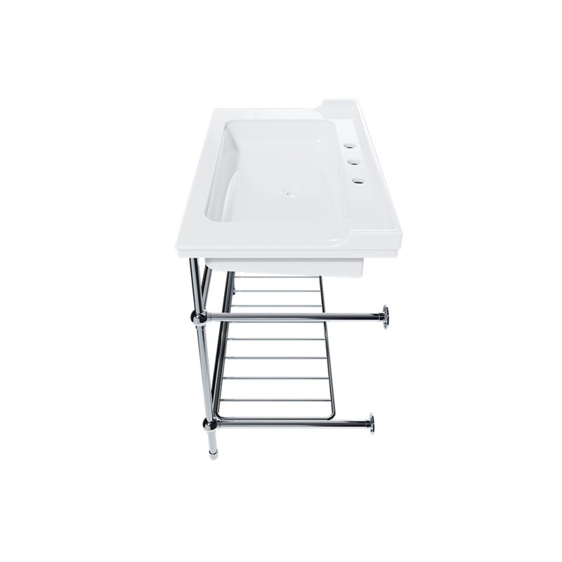 Gloss White Fireclay Rectangular Console Bathroom Sink with Overflow, Chrome, Single