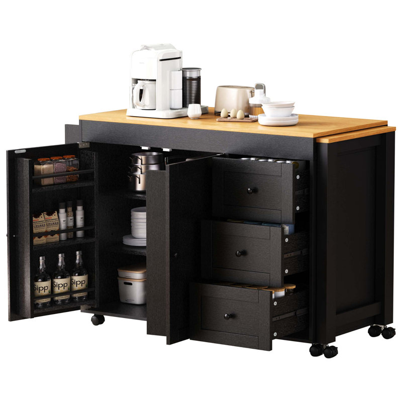 Îlot de cuisine avec table de salle à manger extensible, 3 tiroirs, prise de courant, support à épices et armoire à 2 portes