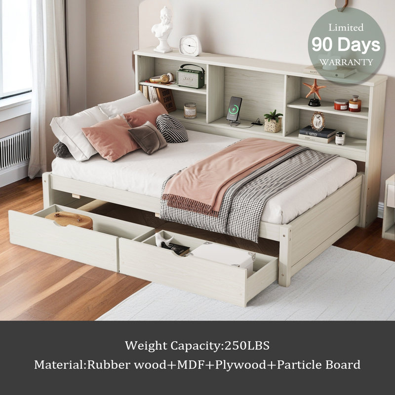 Twin Size Bed Frame With Side Bookshelves, Two Drawers, And Built-In USB Port, Creamy