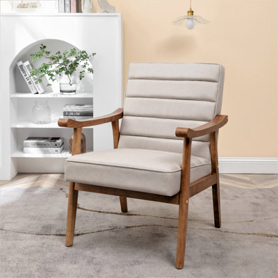 Mid-Century Modern Accent Chair, Solid Wood Frame Leather Look Microfiber Armchair with Open-Framed Arm Design, Plush Padded Seat and Back Cushion for Living Room Bedroom