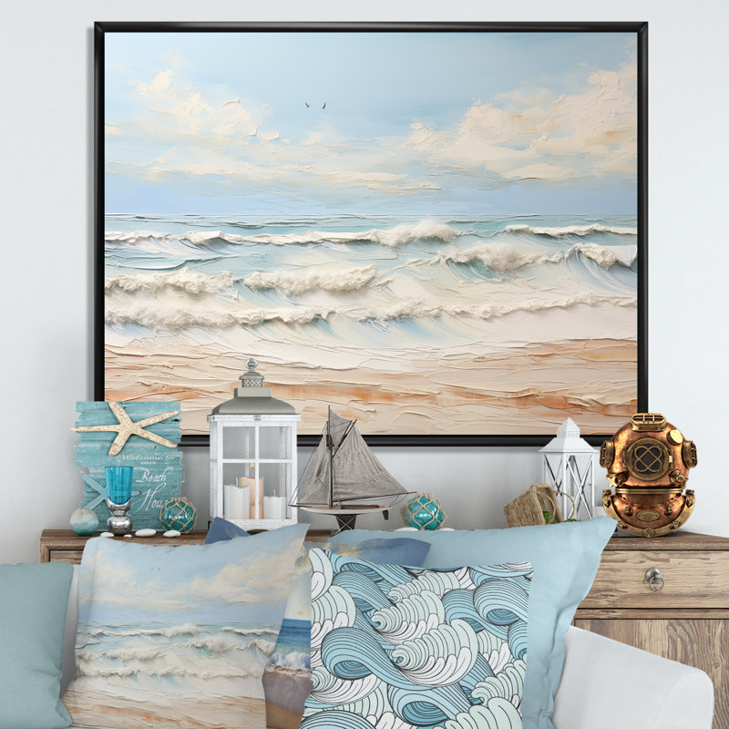 «Modern Coastal Beige and Blue Beach» - art mural océan côtier, H 24 po x l 32 po x P 1 po, Cadre flottant noir