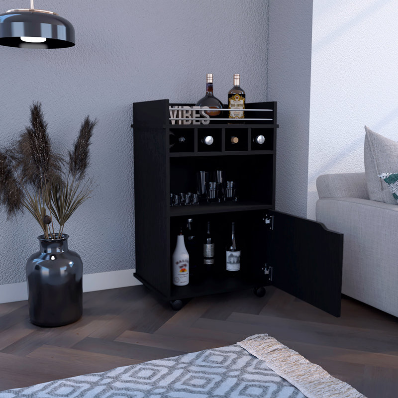 Chariot-bar H 35 po avec deux tablettes, quatre casiers à vin et une armoire