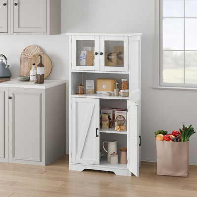 Bathroom Cabinet in White - 50-Inch Pantry Storage with Glass Doors and Adjustable Shelves, Freestanding Cupboard for Bathroom, Kitchen or Living Room
