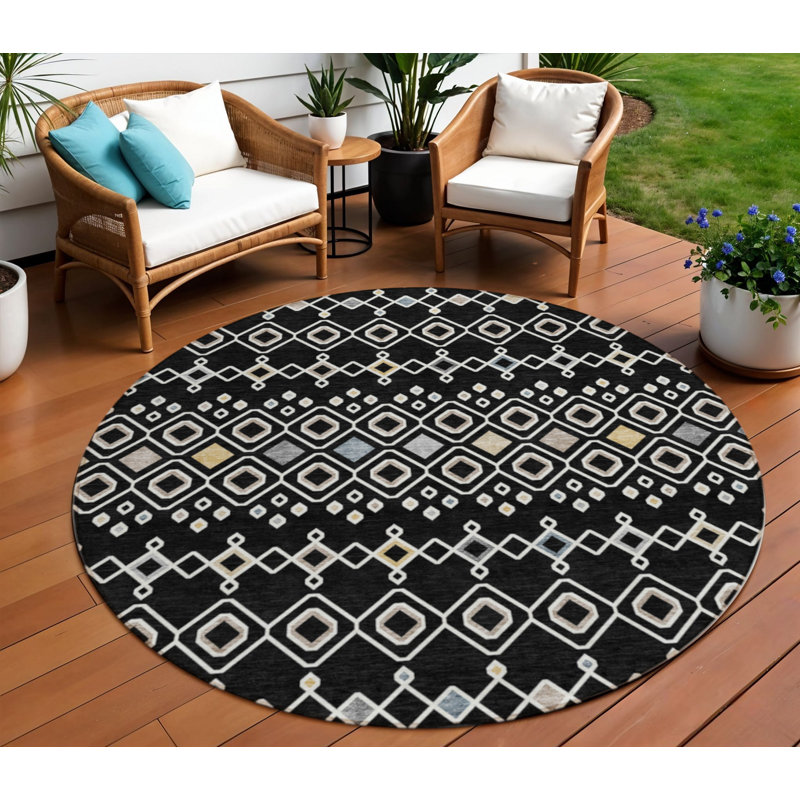 Tapis extérieur rond lavable à motif géométrique noir 8 pi ivoire et bleu