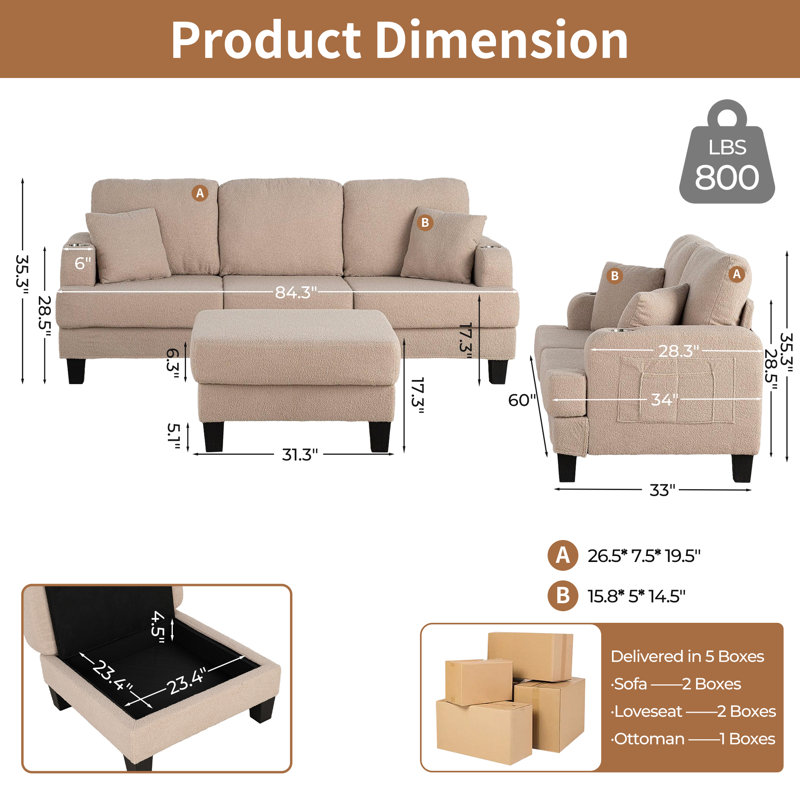 Canapé 3 places avec causeuse Crestline, Tissu beige