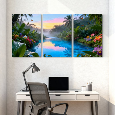 Scénario et paysage urbain, rivière tropicale, coucher de soleil, paysage floral, scène naturelle, ensemble de 3 impressions sur toile