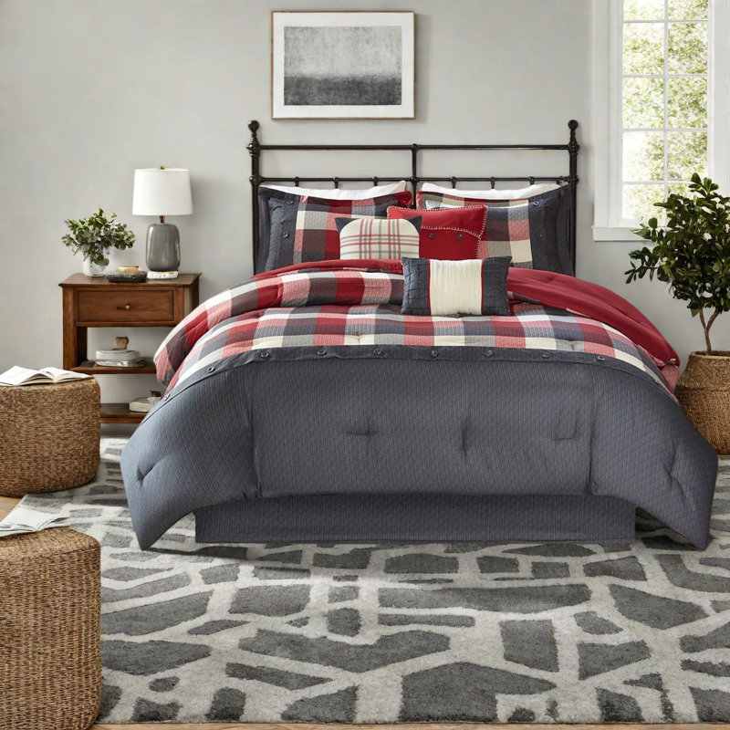 Ensemble de literie 7 pièces Rustic Farmhouse, tissu en polyester à chevrons, édredon confortable pour grand lit