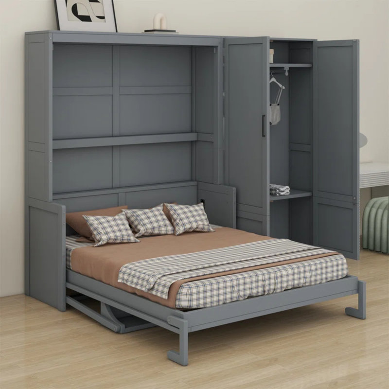 Grand lit escamotable mural avec placard, gris