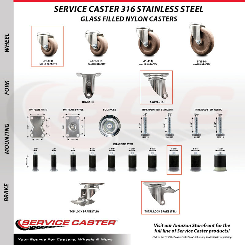 Nylon Casters, 3" H x 3" W