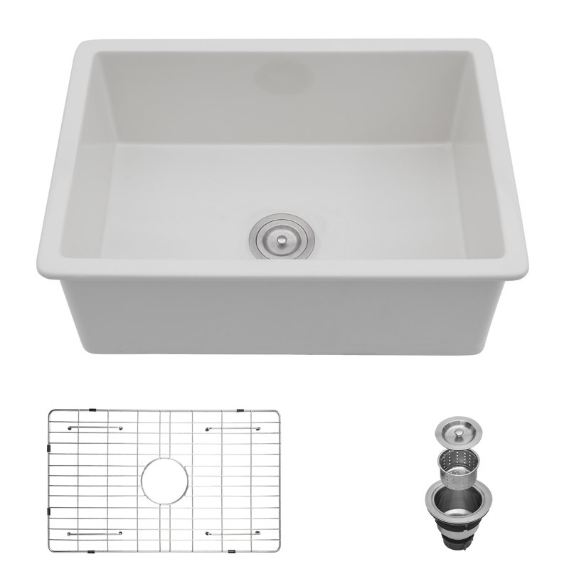 27" L x 19" W Premium White Ceramic Undermount/Drop-In Kitchen Sink Single Bowl White Fireclay Kitchen Sink Scratch-Resistant & Easy Clean