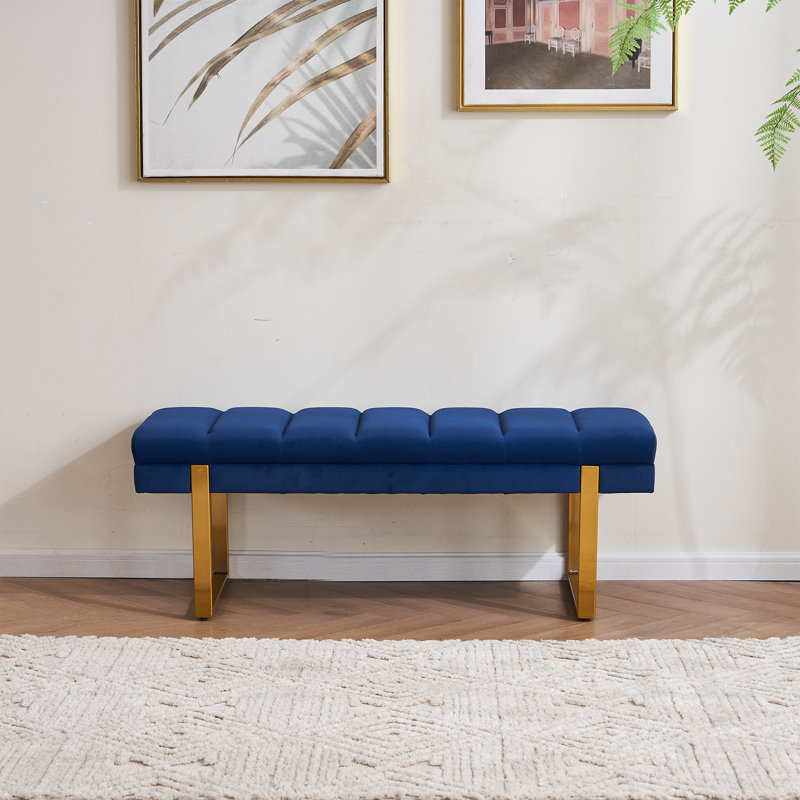 Laytona 46.5"W Tufted Bedroom Bench Entryway Bench with Metal Legs, Navy, Gold