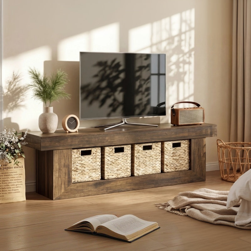 63" Farmhouse Tv Stand With Storage Baskets, Wooden Entertainment Center For 55/60/65 Inches Tvs