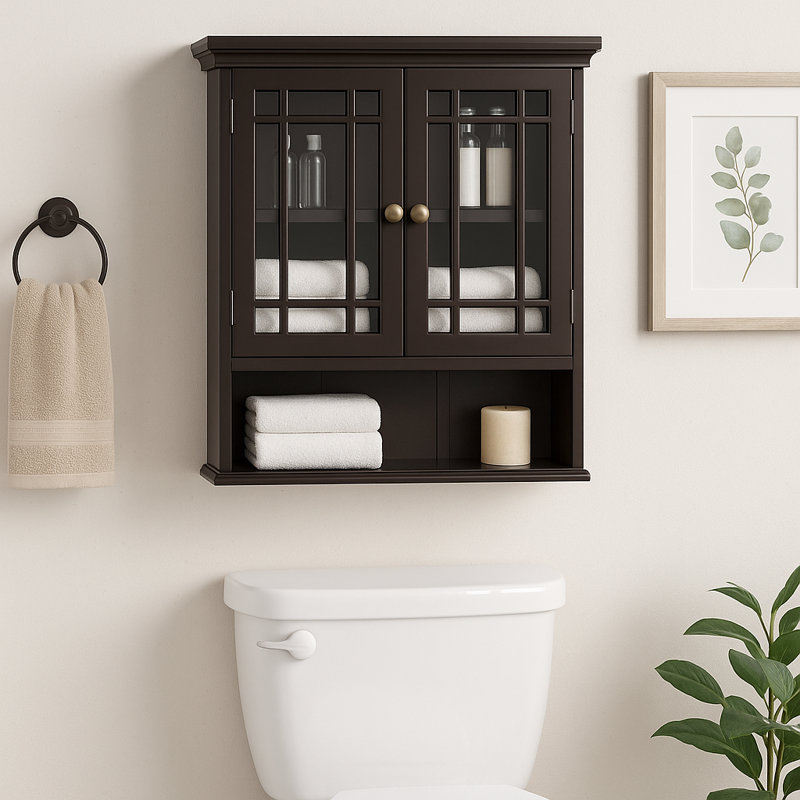 Cardonas Removable Over-The-Toilet Bathroom Wall Cabinet with Glass Doors, Adjustable Shelf & Open Storage, Espresso