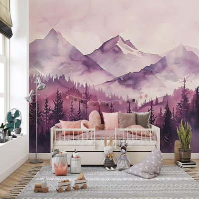Watercolor Pink Mountain Forest Landscape Wall Mural