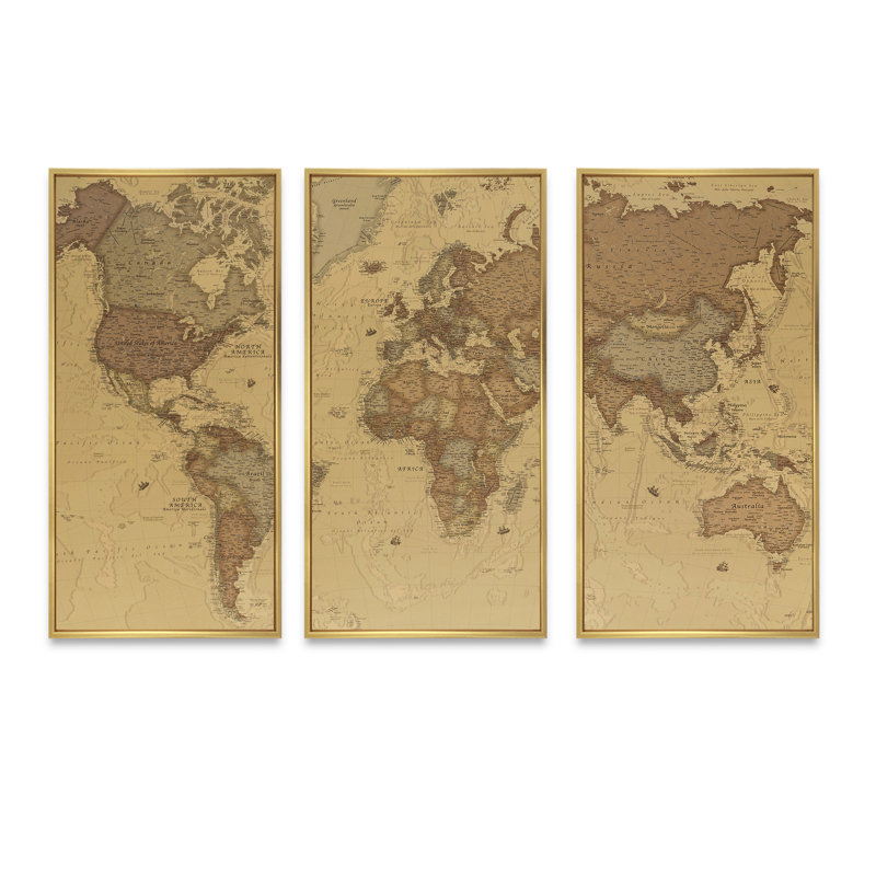 Ancienne carte du monde III - cadre flottant de 3 pièces, impression sur toile, L 36 po x H 28 po, Cadre doré