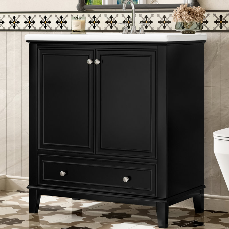 Meuble-lavabo de 30 po avec lavabo simple, noir, bois massif et matériau, support de rangement à deux portes, panneau amovible pour tiroir, tablette réglable, trop-plein en céramique, rebord central, rebord plat,