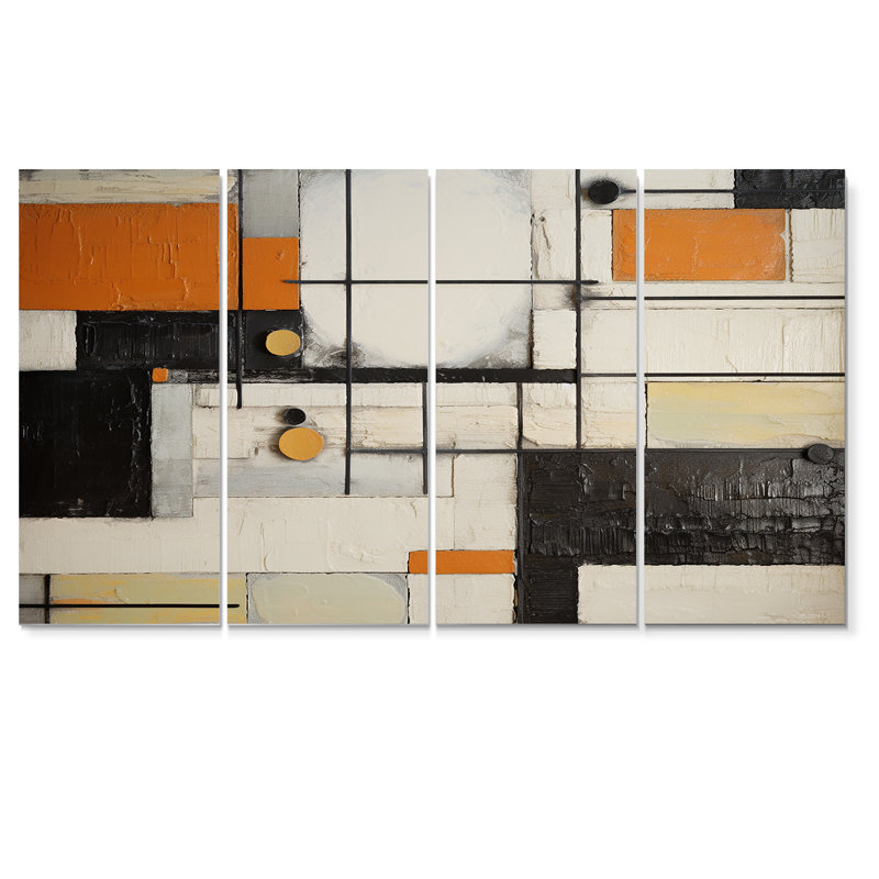 Brun, beige, noir, modernisme rétro - collage abstrait, art mural pour le salon, 4 pièces, H 32 po x l 64 po