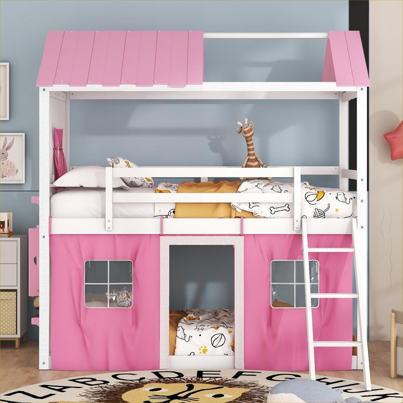 Lit plateforme simple en bois massif avec lit superposé simple avec tente et rebord de fenêtre pour chambre d'enfant, rose et blanc doux